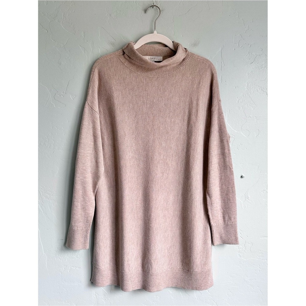 LOFT Beige Soft Knit Sweater Tunic Medium Petite Fall Minimalist Quiet Luxury